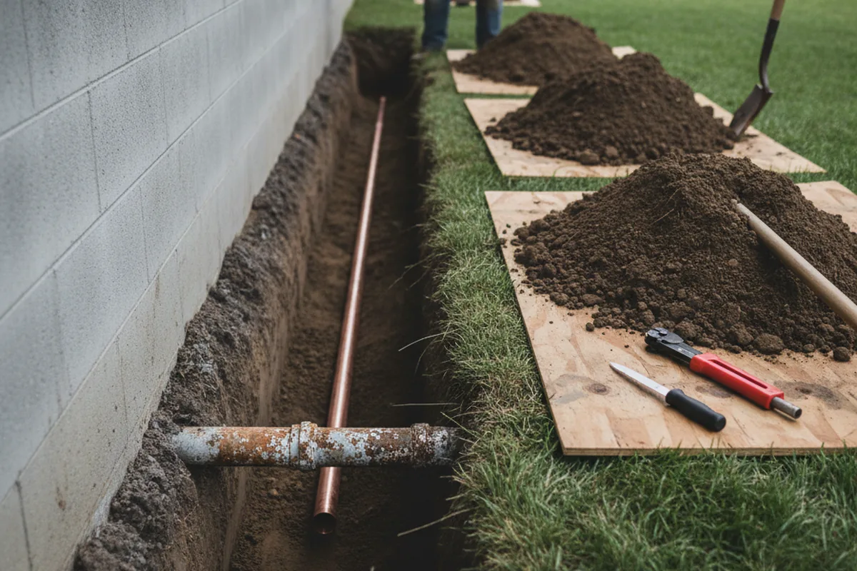Excavated water line trench during Water Softener Installation in Pinopolis